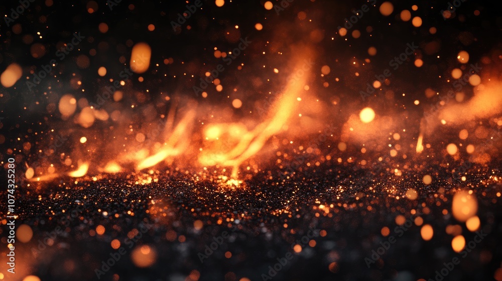 Fototapeta premium Glowing fire embers and particles against a black backdrop Abstract dark backdrop featuring shimmering fire particles