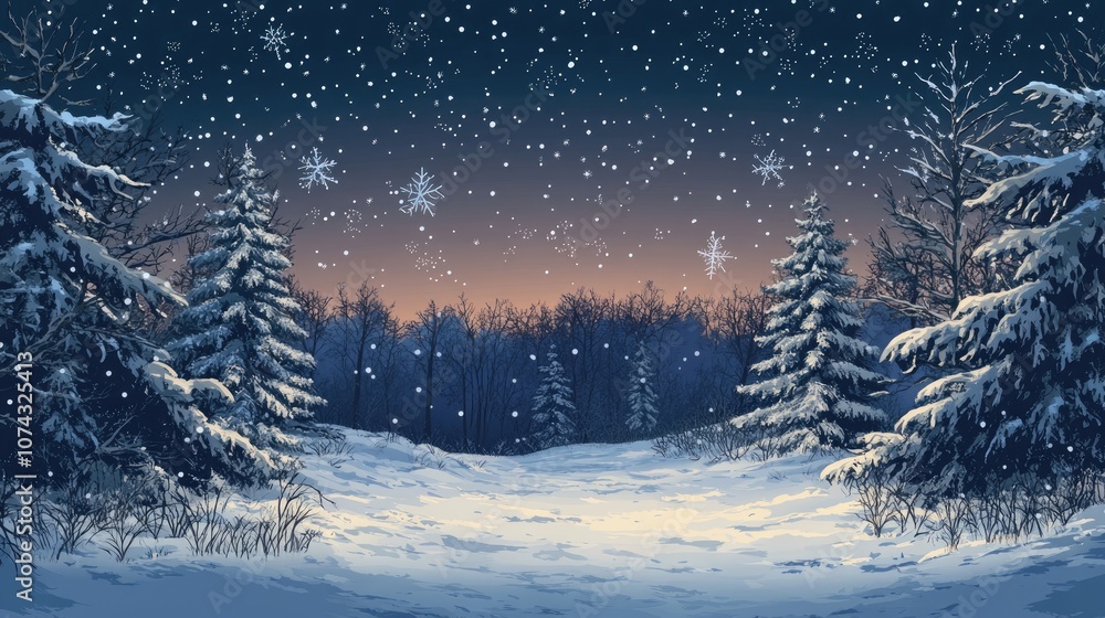 Snowy forest scene under a winter night sky with fir branches Snowy forest scene under a winter night sky with fir branches