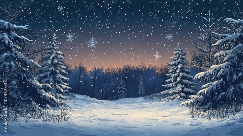 Snowy forest scene under a winter night sky with fir branches