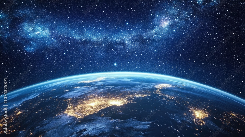 Fototapeta premium Arc of the planet under a starry sky twinkling city lights illuminate the continents