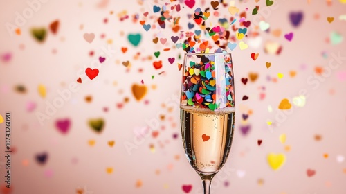 Colorful confetti hearts bursting from a champagne glass against a light backdrop perfect for a party invitation with ample copy space