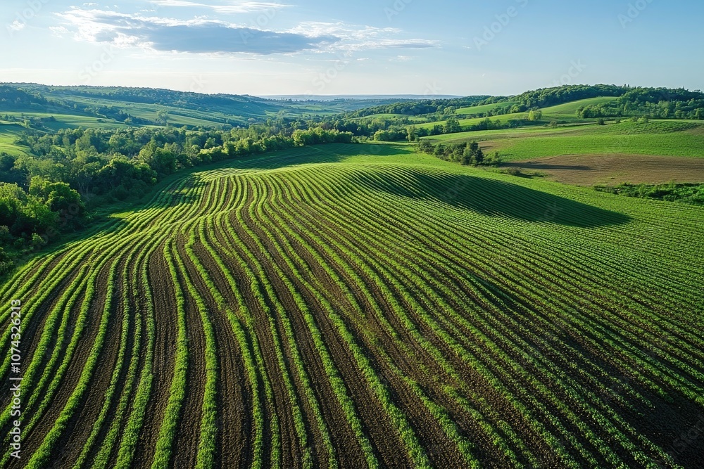 Rolling green hills and cultivated fields creating stunning landscape at sunset Rolling green hills and cultivated fields creating stunning landscape at sunset