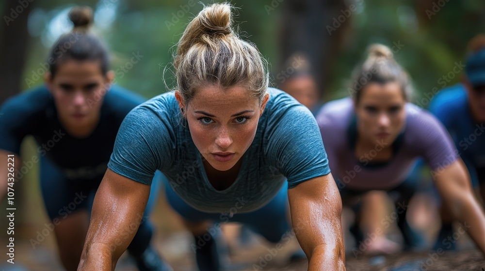 Obraz premium Determined female athletes doing push-ups during intense outdoor training