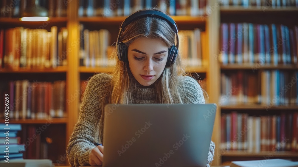 Focused student wearing headphones is studying using laptop in library Focused student wearing headphones is studying using laptop in library
