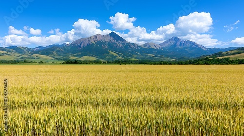 Explore the breathtaking landscape of wheat fields against majestic mountains under a clear blue sky