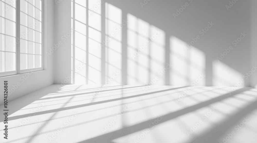 3D rendering of a shadow created by a window on a white wall and floor surface 3D rendering of a shadow created by a window on a white wall and floor surface