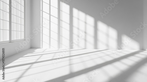 3D rendering of a shadow created by a window on a white wall and floor surface