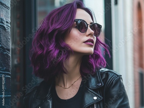 Woman with purple hair wearing leather jacket photo