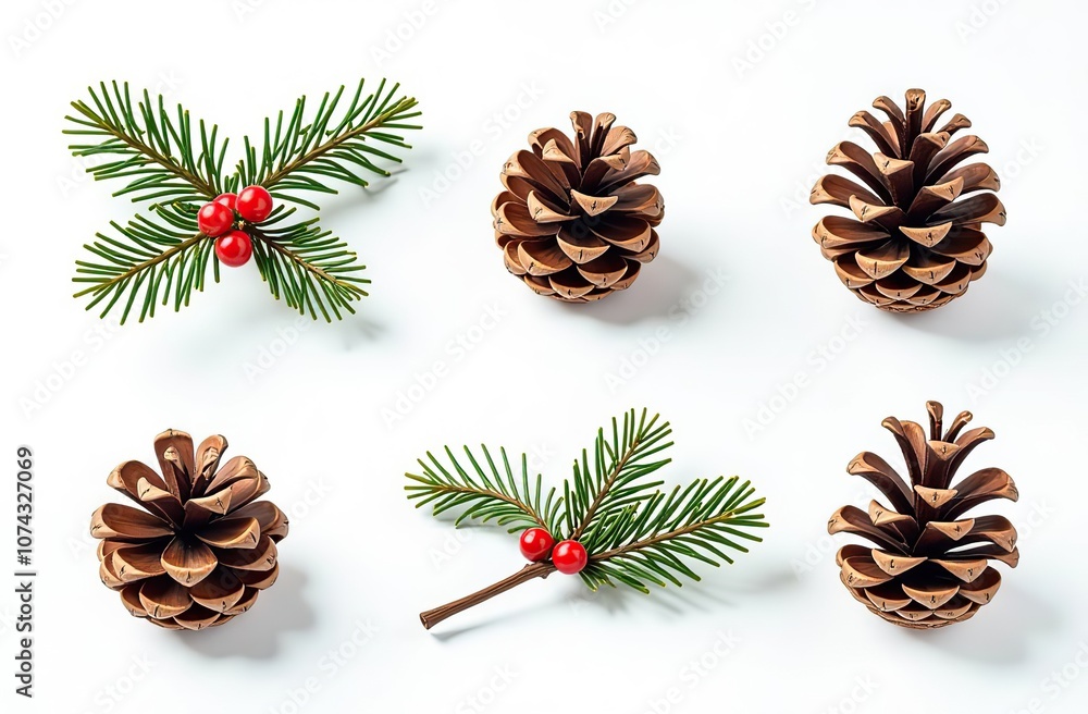 set of Christmas icons pine cones, and festive decorations on a white background set of Christmas icons pine cones, and festive decorations on a white background