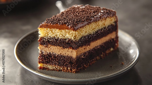 Chocolate Cake Slice with Chocolate Sprinkles on Gray Plate