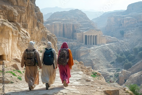 Tourists walking towards qasr al bint in petra, jordan photo