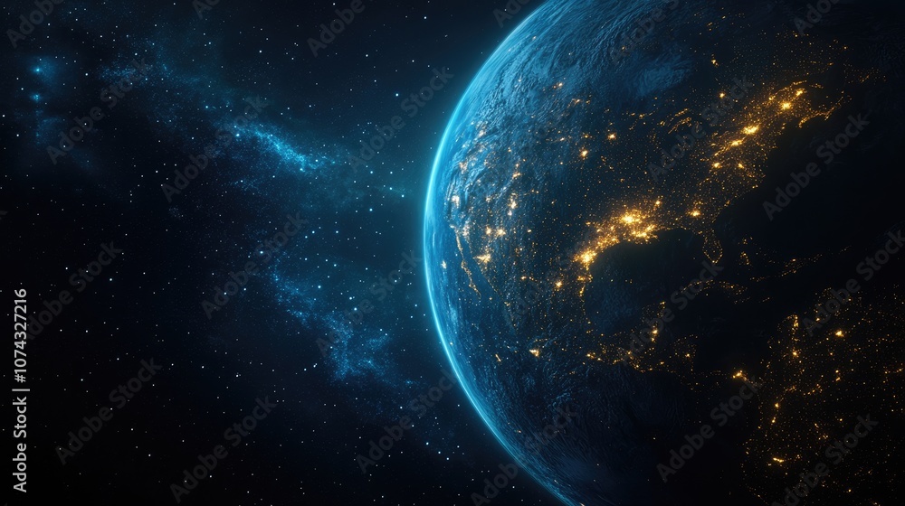 Arc of the planet under a starry sky twinkling city lights illuminate the continents Arc of the planet under a starry sky twinkling city lights illuminate the continents
