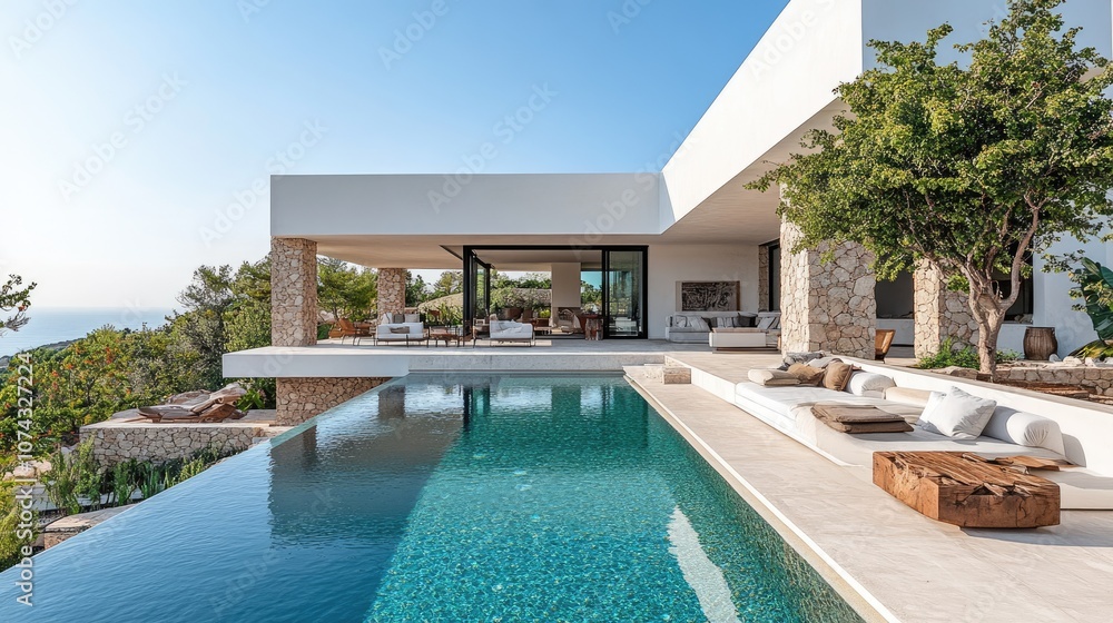 Fototapeta premium Infinity pool overlooking tranquil ocean at modern luxury villa