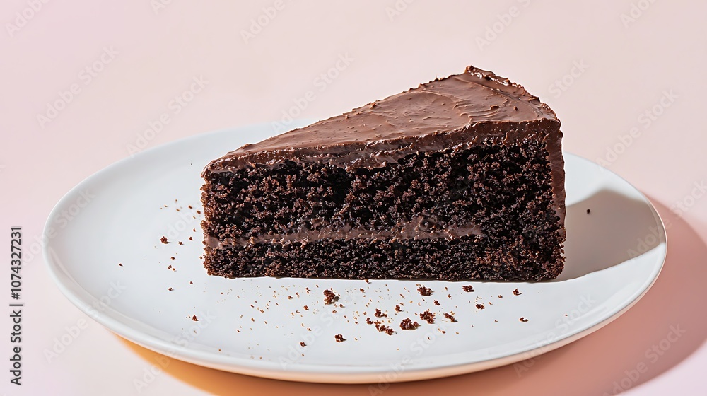 Delicious Chocolate Cake Slice on White Plate with Crumbs Delicious Chocolate Cake Slice on White Plate with Crumbs
