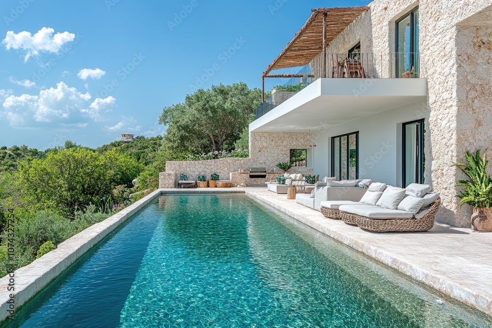 Fototapeta premium Luxury villa with infinity pool overlooking tropical landscape