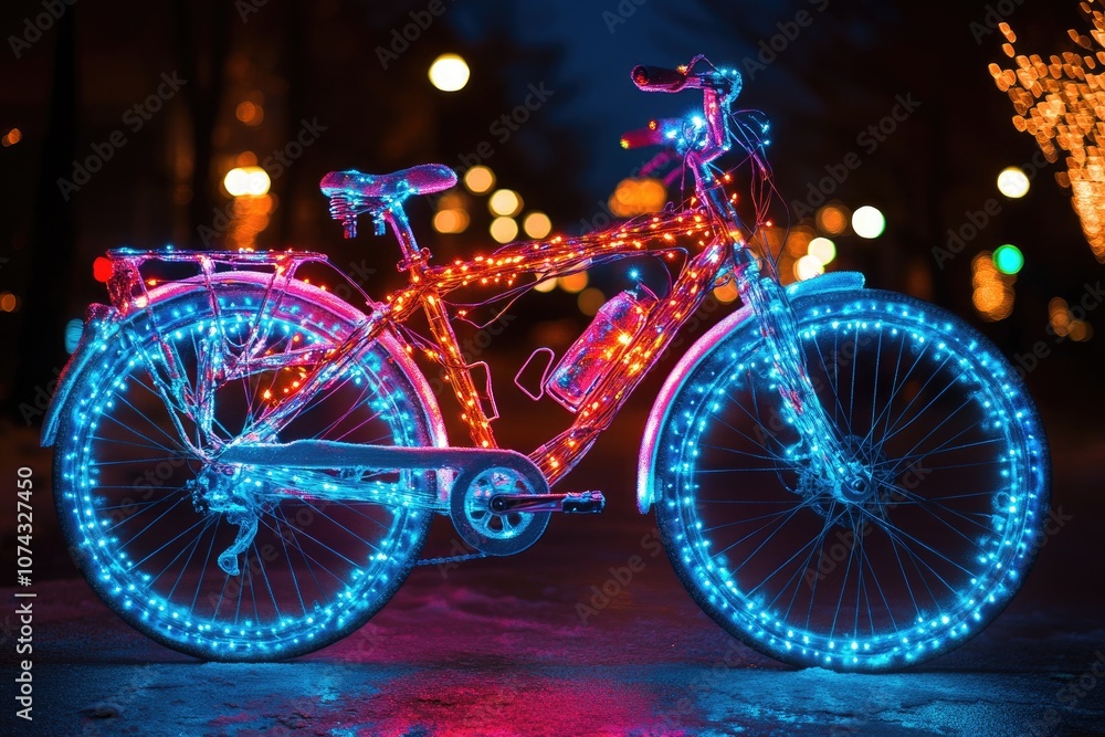Fototapeta premium Bicycle decorated with glowing lights standing on city street at night