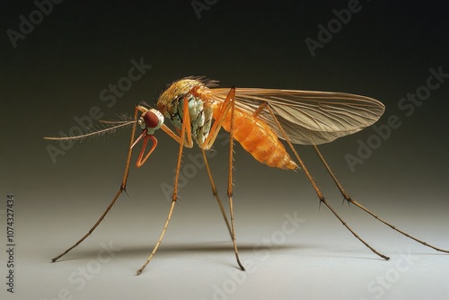 Orange mosquito standing on a neutral background showing its proboscis