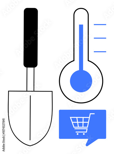 Gardening trowel alongside a thermometer showing temperature and a blue shopping cart icon in a speech bubble. Ideal for gardening, weather, e-commerce, home improvement, retail, agriculture