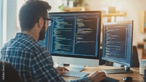 A person coding on dual monitors in a modern workspace.