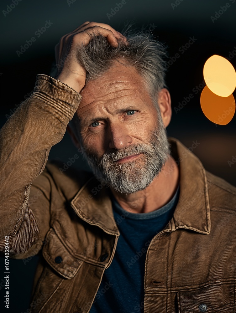 Thoughtful man with gray hair and beard poses against a blurred background, showcasing deep emotions in a warm-toned portrait, highlighting candid human connection and expression. Thoughtful man with gray hair and beard poses against a blurred background, showcasing deep emotions in a warm-toned portrait, highlighting candid human connection and expression.