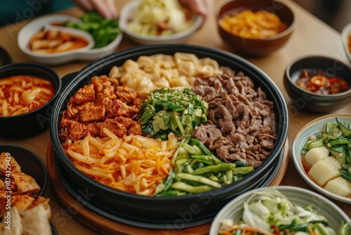 A vibrant platter of assorted meats, vegetables, and sauces, beautifully arranged in distinct sections, showcasing delicious Asian culinary delights.