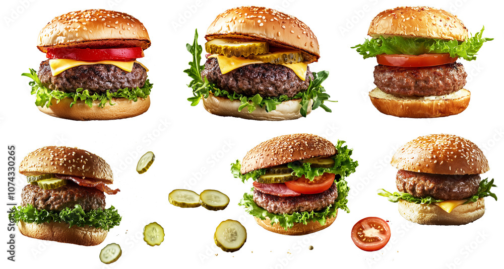 Set of Assorted Gourmet Burgers with Fresh Toppings on transparent Background Set of Assorted Gourmet Burgers with Fresh Toppings on transparent Background