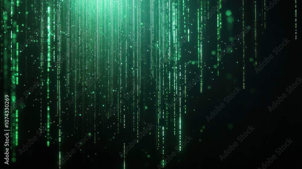 Digital background with a matrix of green code scrolling vertically on a black screen, creating a futuristic cyber feel Digital background with a matrix of green code scrolling vertically on a black screen, creating a futuristic cyber feel