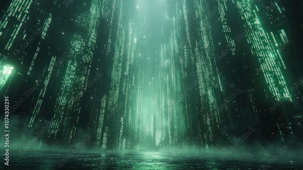 Digital background with a matrix of green code scrolling vertically on a black screen, creating a futuristic cyber feel Digital background with a matrix of green code scrolling vertically on a black screen, creating a futuristic cyber feel