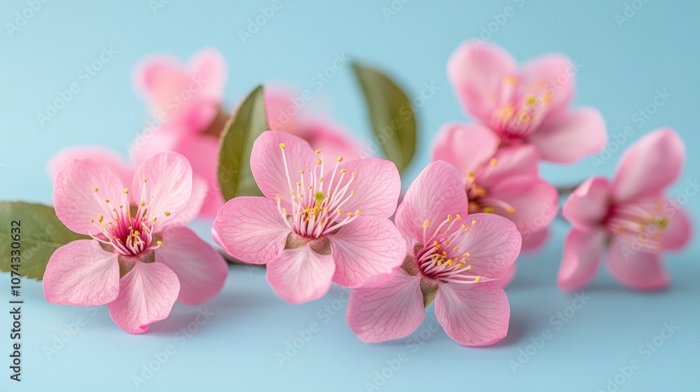 Floral background featuring cherry blossoms in shades of pink on a soft blue background, evoking springtime freshness Floral background featuring cherry blossoms in shades of pink on a soft blue background, evoking springtime freshness