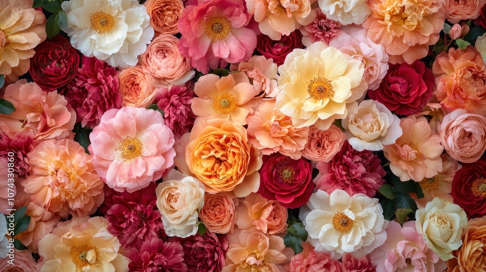 Floral background with roses and peonies in warm tones of red, peach, and yellow, creating a luxurious and romantic feel Floral background with roses and peonies in warm tones of red, peach, and yellow, creating a luxurious and romantic feel
