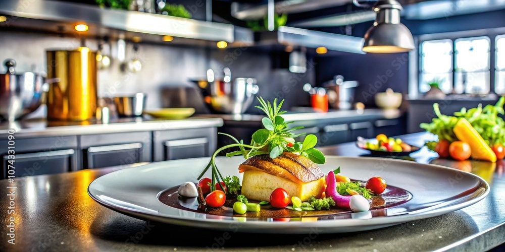 Gourmet Dish Presentation in Modern Kitchen - Culinary Artistry and Chefs at Work for Stock Photography Gourmet Dish Presentation in Modern Kitchen - Culinary Artistry and Chefs at Work for Stock Photography