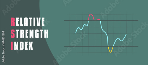 RSI indicator banner showing stock market trends, overbought and oversold signals, trading momentum and price analysis. Ideal for finance, investment, technical analysis visuals vector Illustration