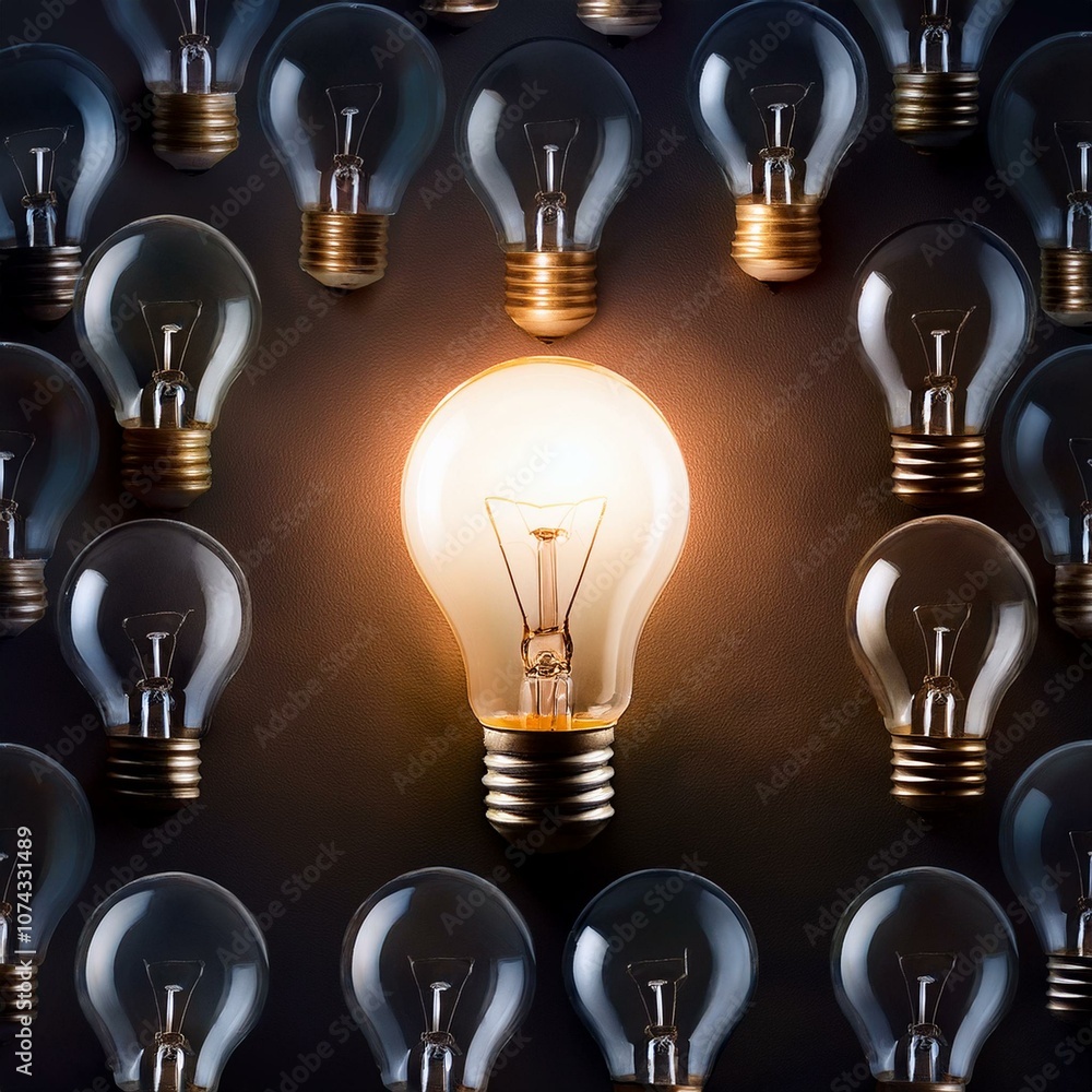 Single glowing light bulb in a dark setting among unlit bulbs, perfect for creative thinking, problem-solving visuals, and standout branding Single glowing light bulb in a dark setting among unlit bulbs, perfect for creative thinking, problem-solving visuals, and standout branding