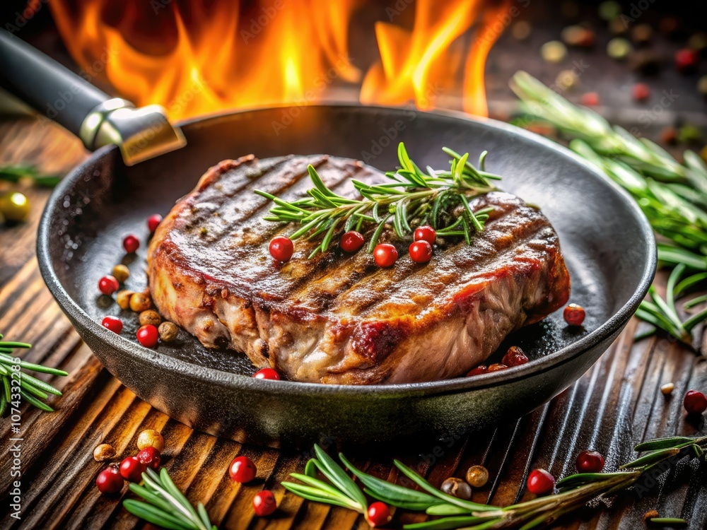 Fototapeta premium Grilled Steak in Frying Pan - Perfectly Cooked Meat for Culinary Photography