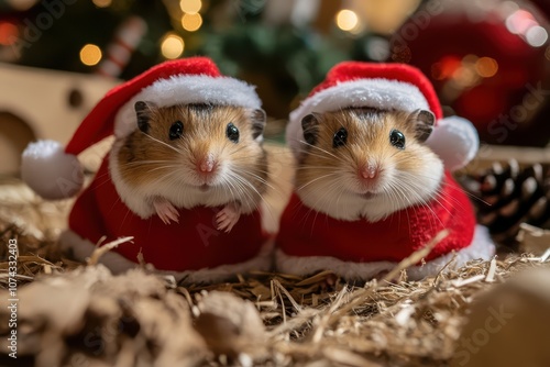 Hamsters dressed as Santa: tiny Santa outfits on hamsters, festive holiday props, playful and adorable closeup, cheerful vibe photo