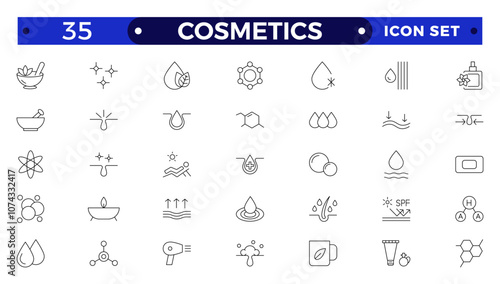 Cosmetics Outline icons set. Moisture cream, acid, anti wrinkle serum, ceramide, collagen, retinol compound, sunscreen vector illustration. Outline signs for skincare products property.