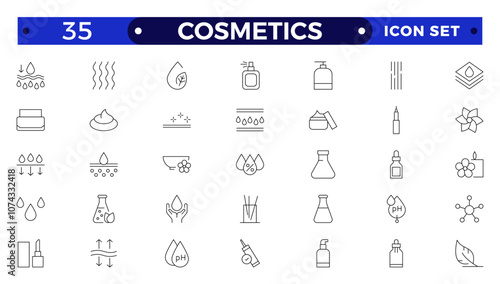 Cosmetics Outline icons set. Moisture cream, acid, anti wrinkle serum, ceramide, collagen, retinol compound, sunscreen vector illustration. Outline signs for skincare products property.