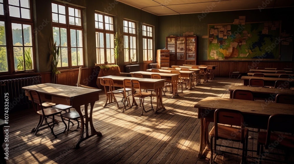 Empty Classroom with Sunlight Streaming Through Windows Empty Classroom with Sunlight Streaming Through Windows