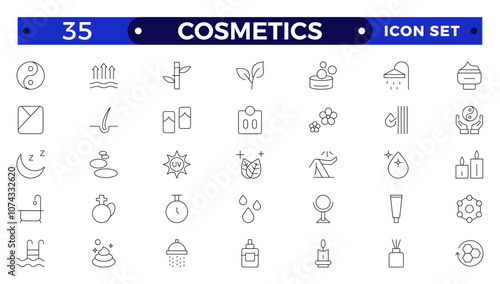 Cosmetics Outline icons set. Moisture cream, acid, anti wrinkle serum, ceramide, collagen, retinol compound, sunscreen vector illustration. Outline signs for skincare products property.