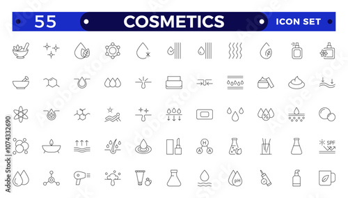 Cosmetics Outline icons set. Moisture cream, acid, anti wrinkle serum, ceramide, collagen, retinol compound, sunscreen vector illustration. Outline signs for skincare products property.