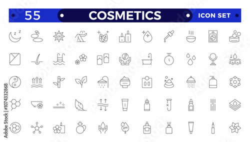 Cosmetics Outline icons set. Moisture cream, acid, anti wrinkle serum, ceramide, collagen, retinol compound, sunscreen vector illustration. Outline signs for skincare products property.