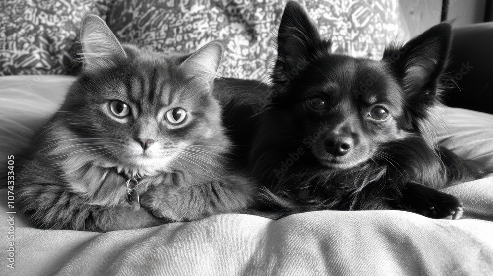 Adorable Cat and Dog Companions on a Couch Adorable Cat and Dog Companions on a Couch