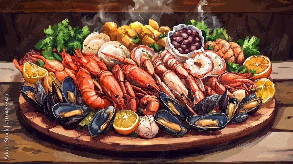 Seafood platter for a party with a variety of shellfish Seafood platter for a party with a variety of shellfish