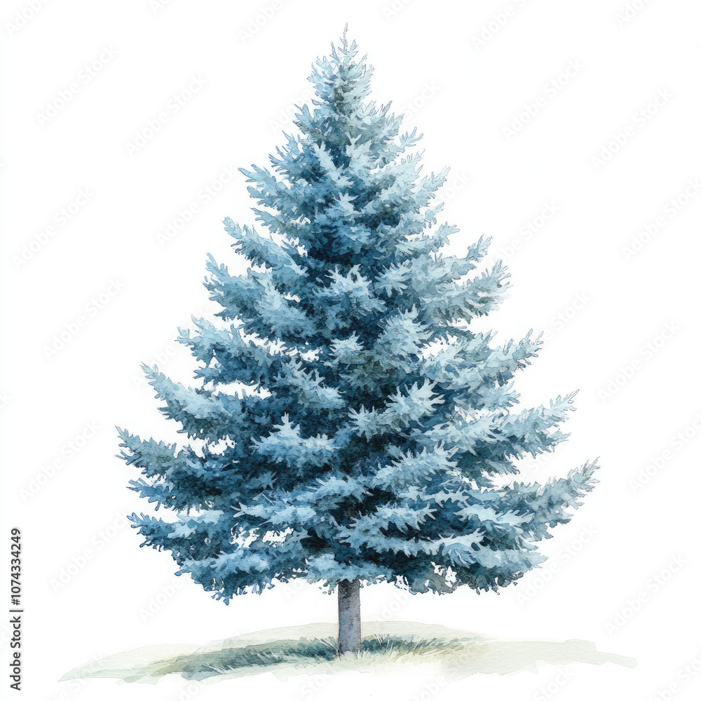 Fototapeta premium Watercolor Whimsical Blue Spruce Tree Illustration