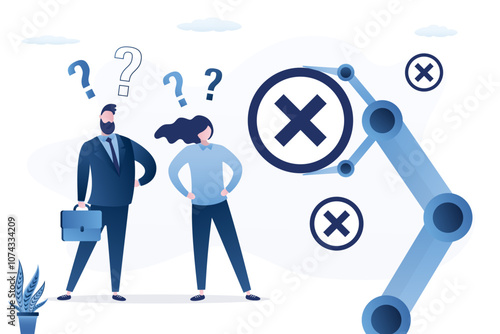 Robot hand holding sign of restrictions or ban for business people. Surprised businessmen, layoffs at work and replacement with machines or bots.