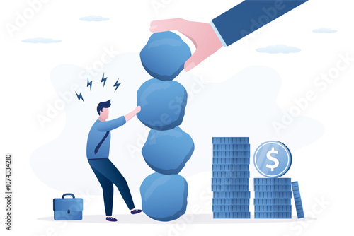 Giant hand stacks pile of stones. Ban, prohibitions, restrictions for business, capital and bank account. Male entrepreneur tries to remove stone, overcoming obstacles,