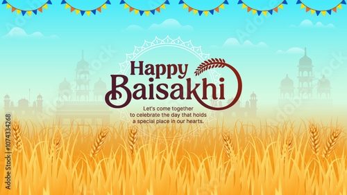 
Happy Baisakhi Festival in Punjab – Baisakhi celebration with a scenic backdrop of lush Punjabi farmlands, perfect for festival and event use- Vector design