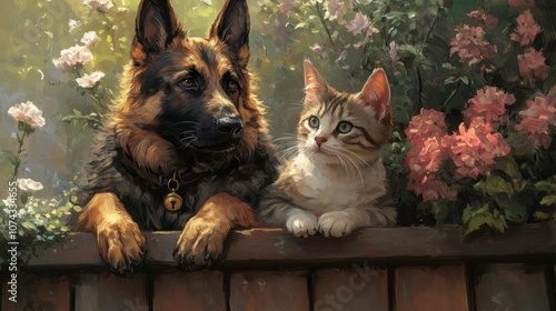 Wallpaper Mural Dog and Cat Enjoying a Sunny Garden Together Torontodigital.ca