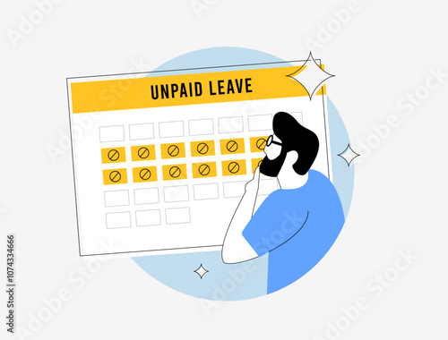 Unpaid leave vector illustration with calendar and thoughtful employee. Shows unpaid leave policy for personal needs, family care or skill growth, emphasizing compliance for global employers