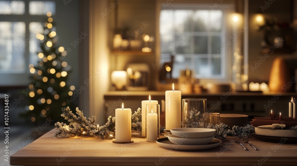 A cozy dining scene with candles and holiday decor. A cozy dining scene with candles and holiday decor.